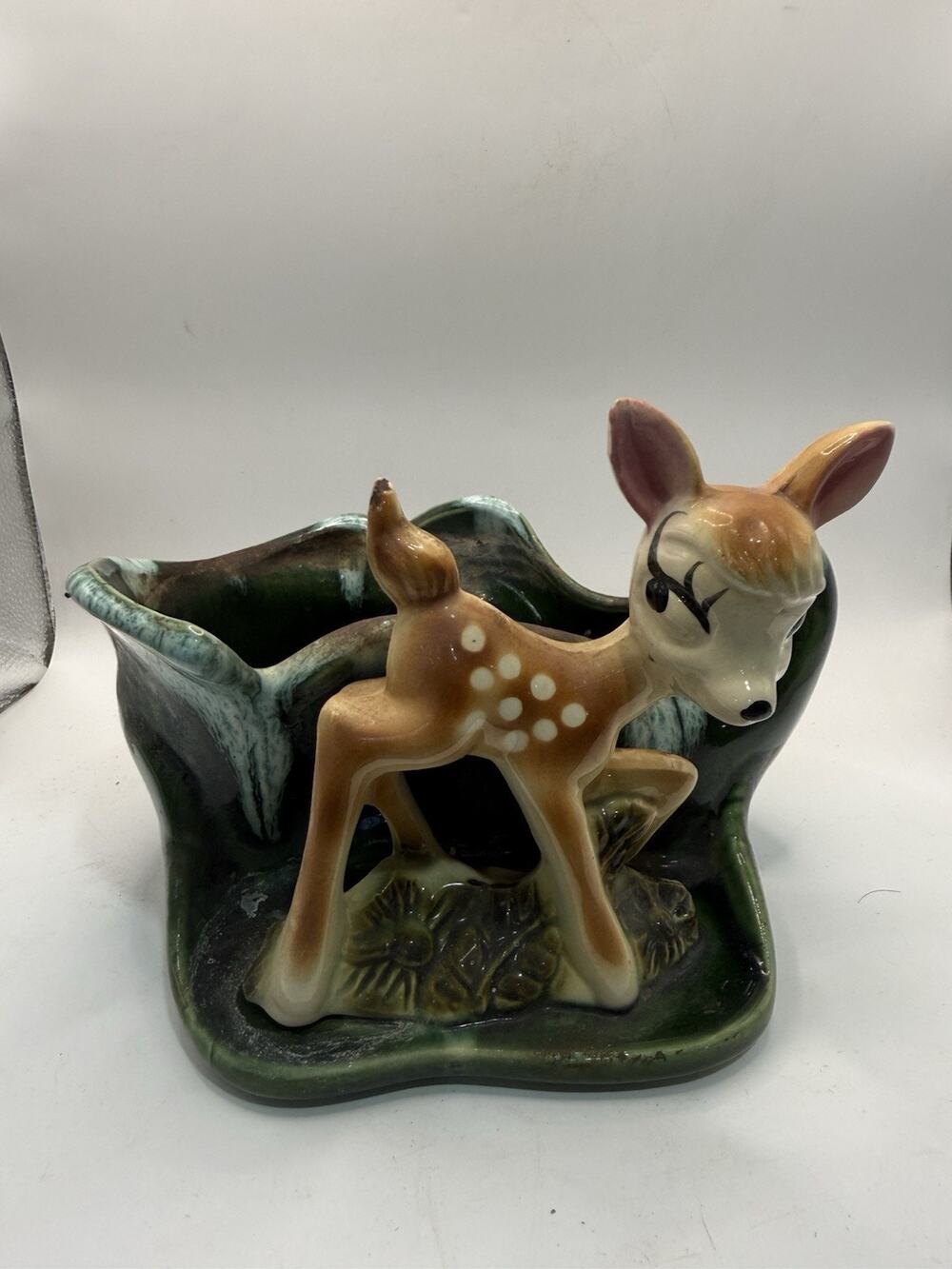 Hand Painted Ceramic Fawn Deer Planter Pink Brown Green Glazed Spotted *